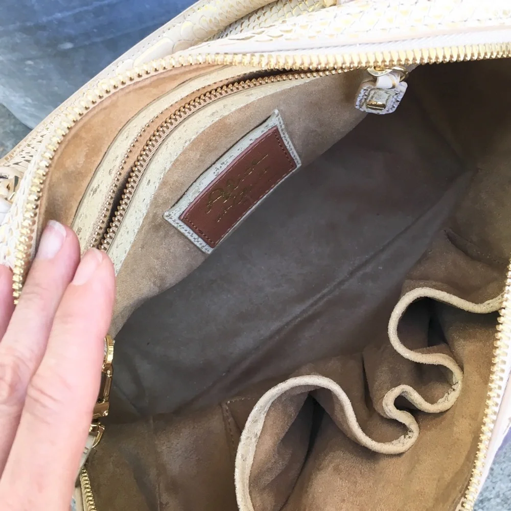 Alice + Olivia Cream and Gold Snake-Embossed Satchel